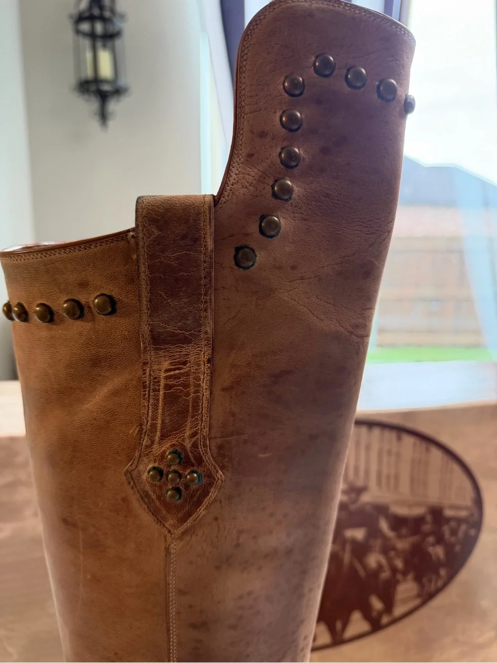 Lucchese Classics Tall Riding Boots Women’s 7B Distressed Tan Leather Studded